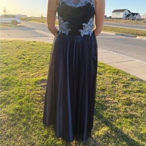 Blondie Nites Navy Maxi Dress with Silver Lace Appliqué